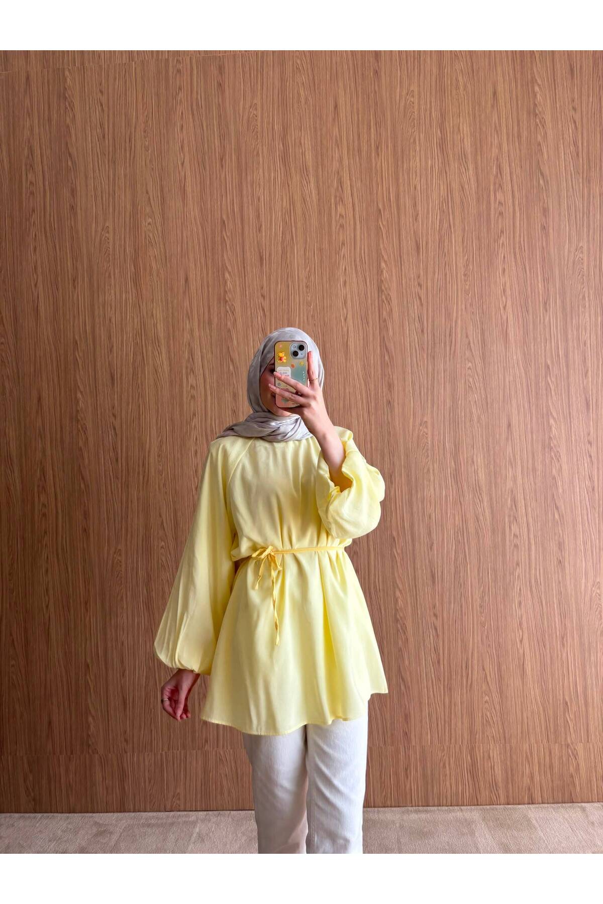 QUWİQ Sarı pamuklu oversize balon kol tesettür tunik - Görsel 4
