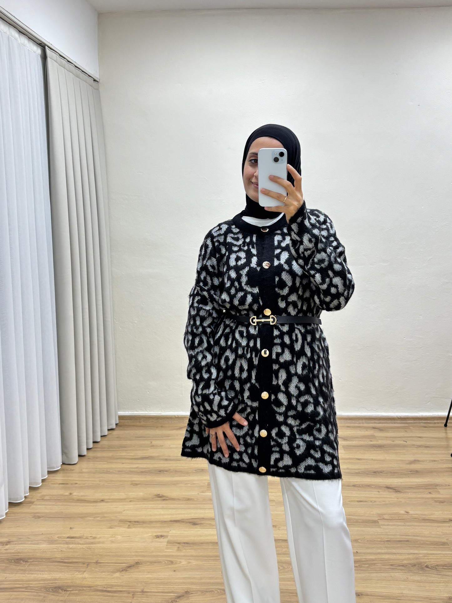 Leopar Desenli Triko Hırka - Gri