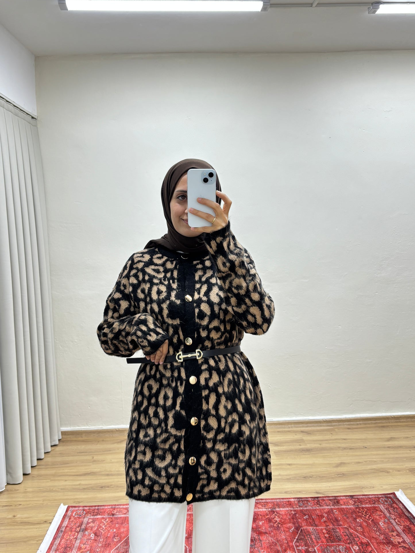 Leopar Desenli Triko Hırka - Kahve