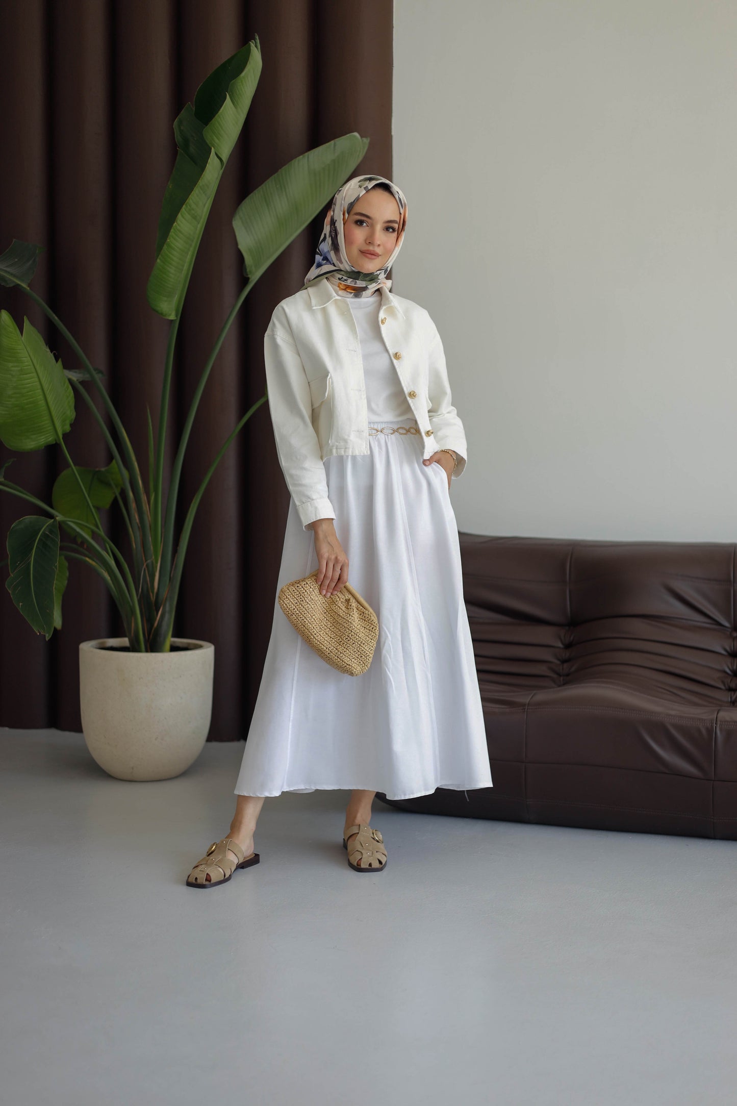 Beli Lastikli Çift Cepli Etek - Beyaz