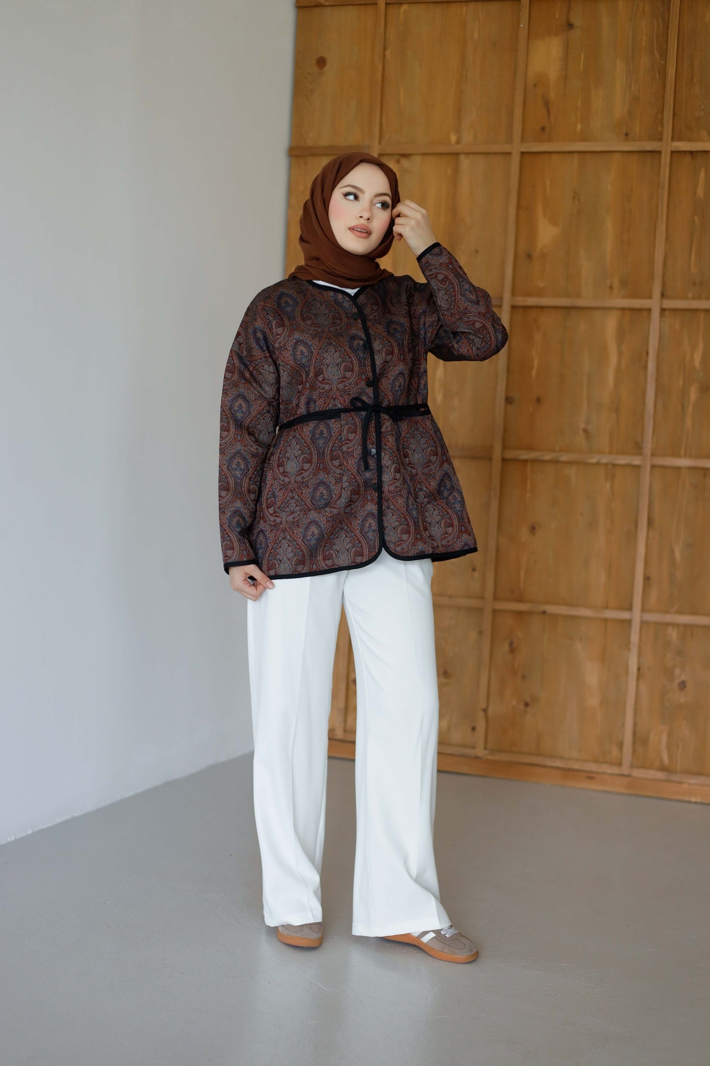 Etnik Desenli Ceket - Bordo Kahve