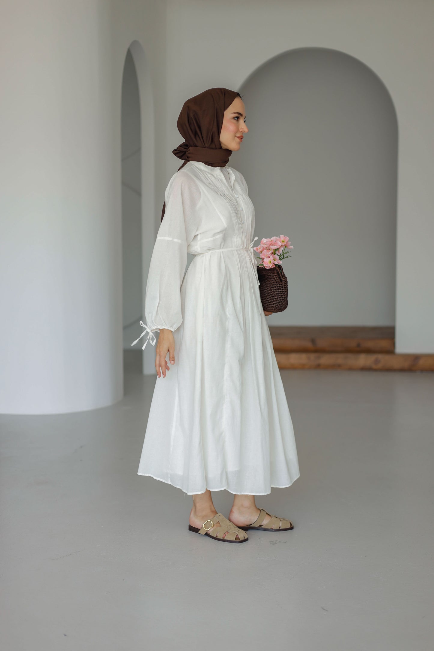 Nervürlü Pamuk Keten Elbise Astarlı - Beyaz