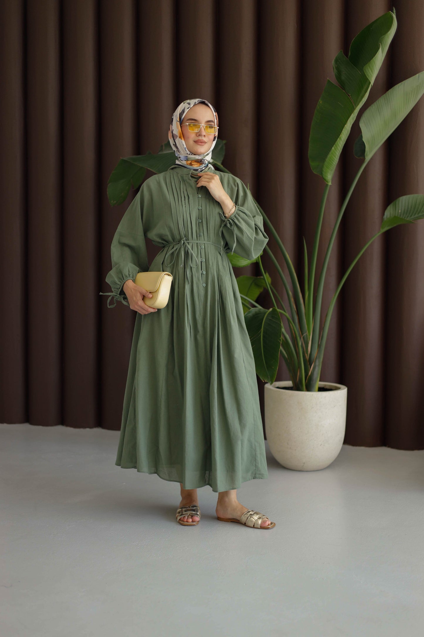 Nervürlü Pamuk Keten Elbise Astarlı - Yeşil