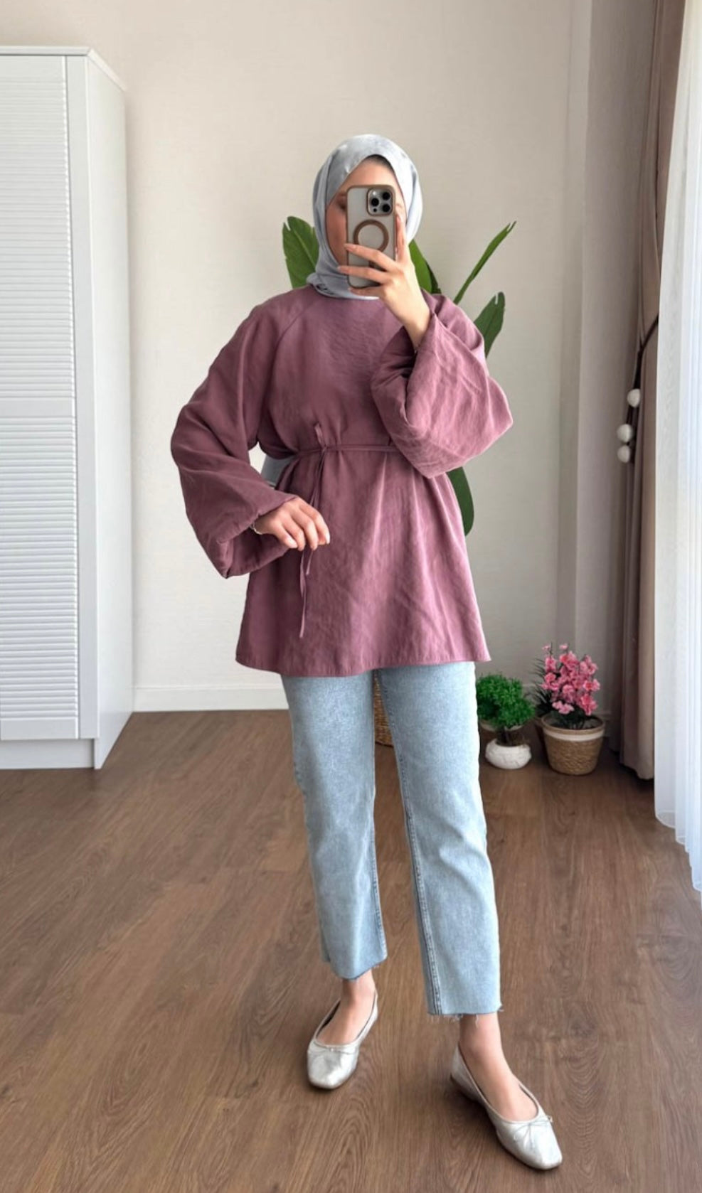 Balon Kol Bel Bağlamalı Tesettür Gömlek - Gül