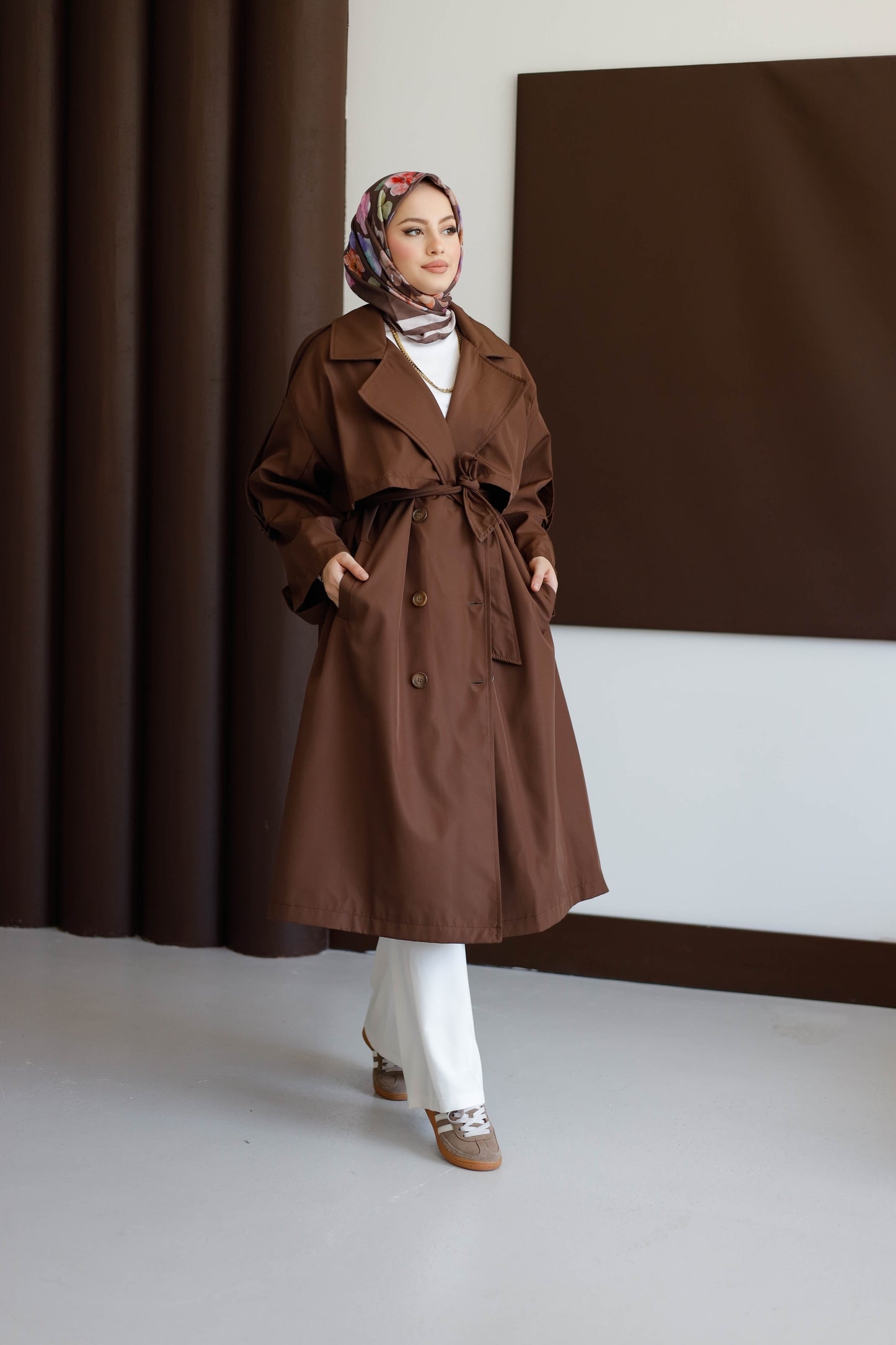 Önü Düğmeli Premium Oversize Trençkot - Kahve