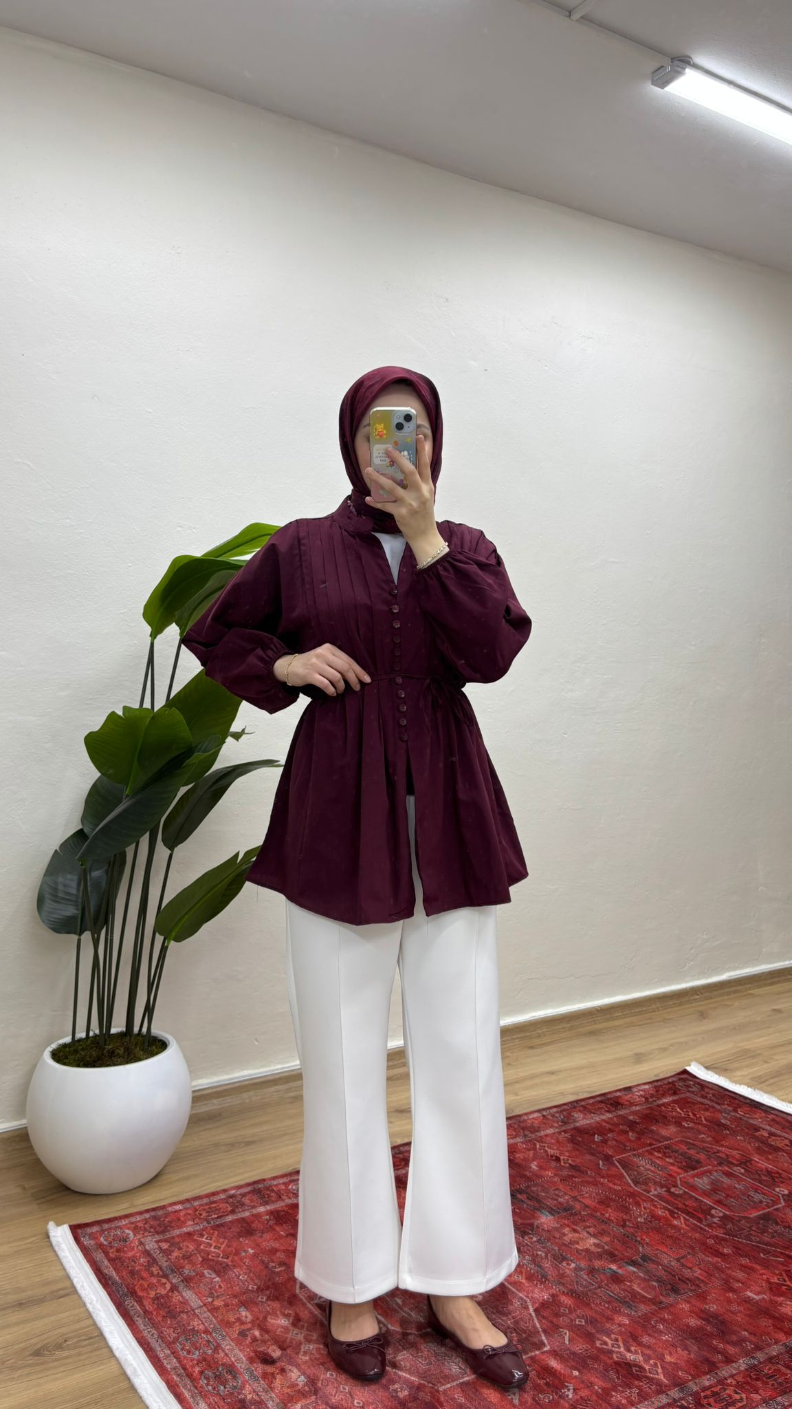 Nervürlü Gömlek - Bordo