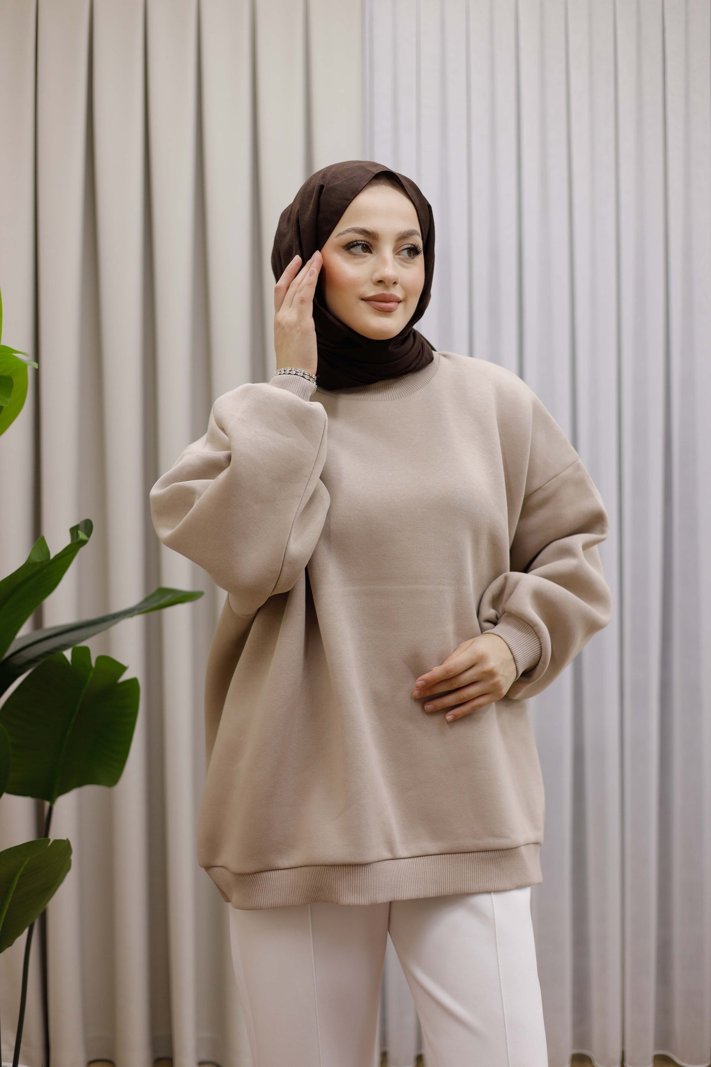 Oversize 3 İplik Şardonlu Sweat - Bej