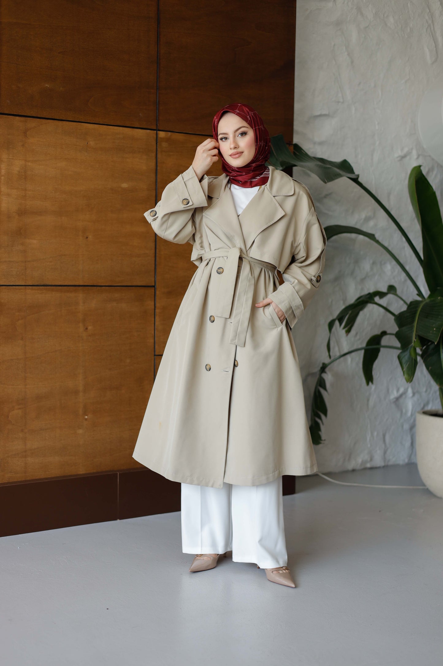 Önü Düğmeli Premium Oversize Trençkot - Krem