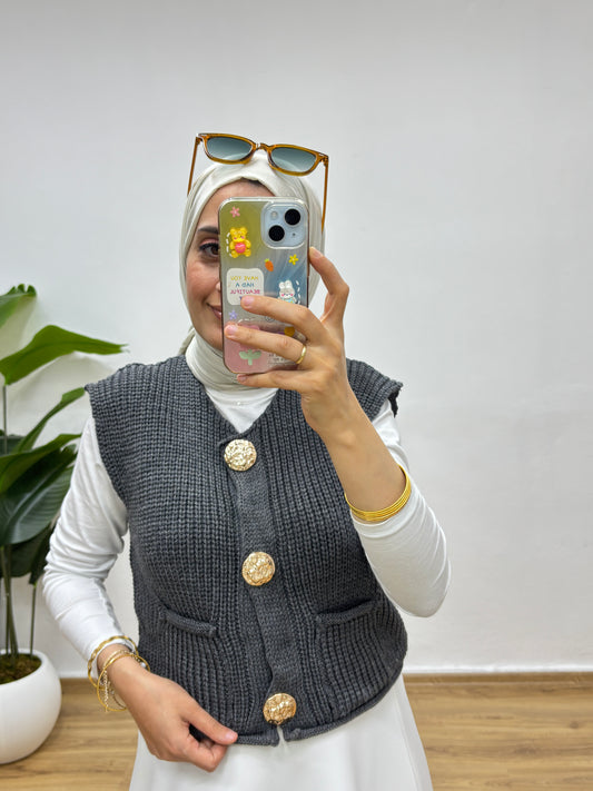 Gold Düğmeli Cepli Triko Yelek - Antrasit