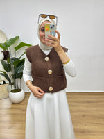 Gold Düğmeli Cepli Triko Yelek - Kahverengi