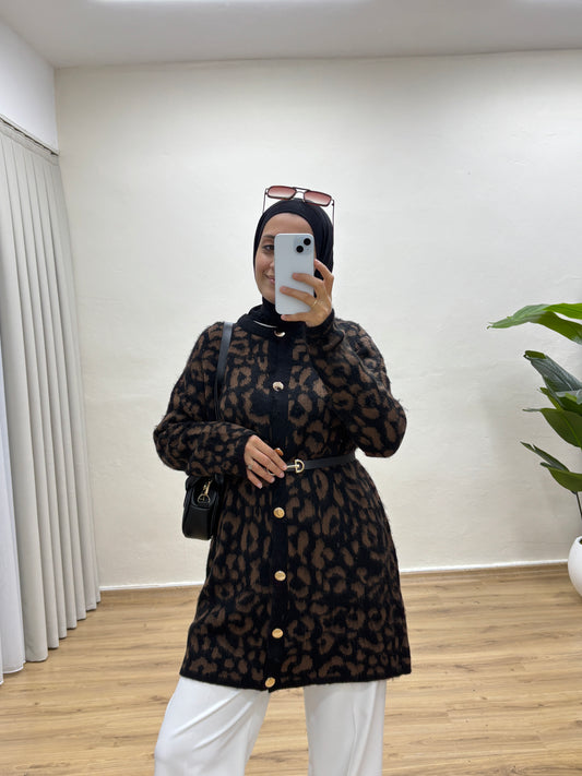 Leopar Desenli Triko Hırka - Acı Kahve