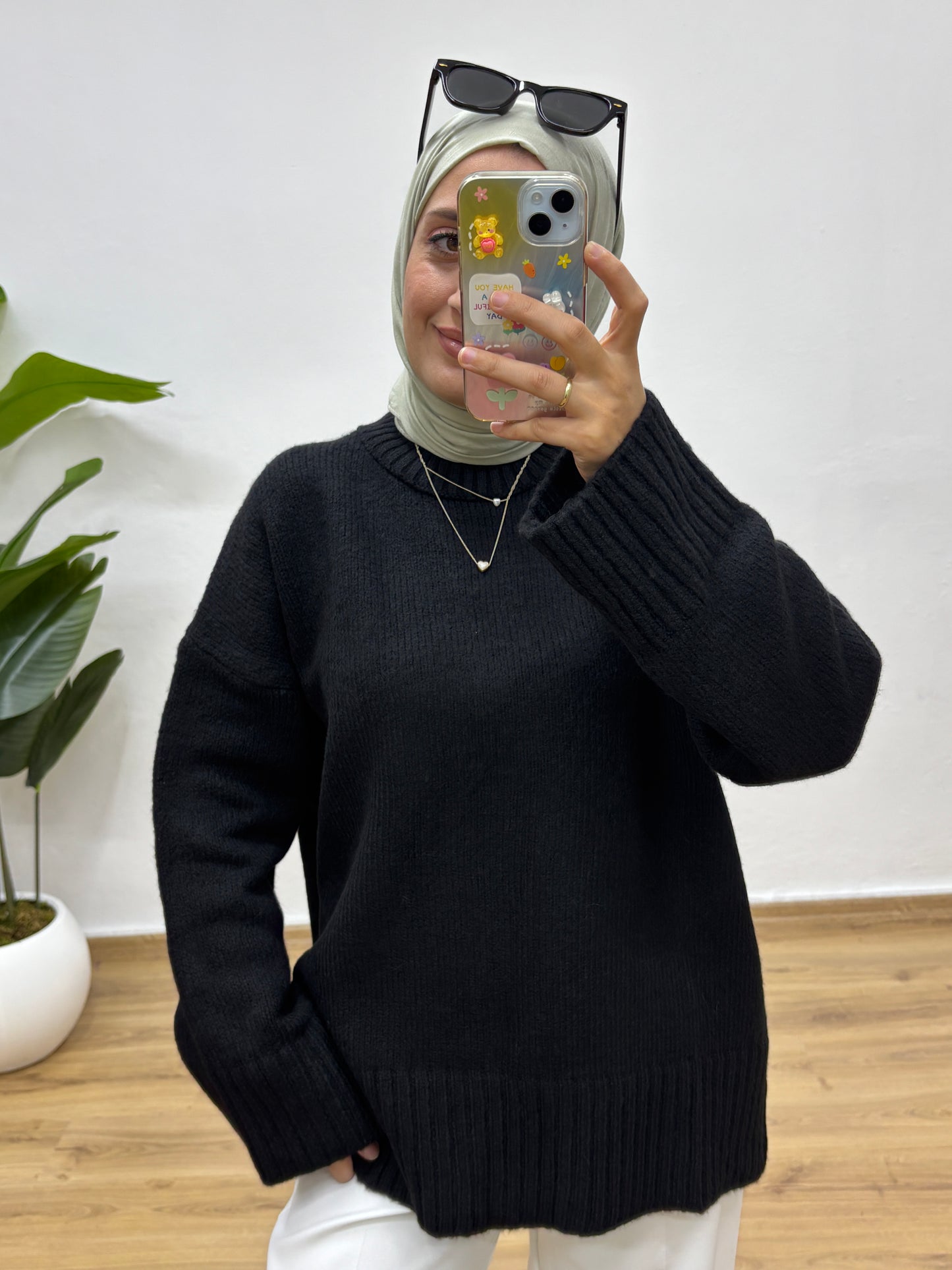 Oversize Bisiklet Yaka Kazak - Siyah