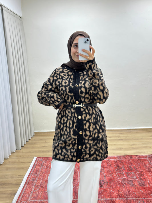 Leopar Desenli Triko Hırka - Kahve