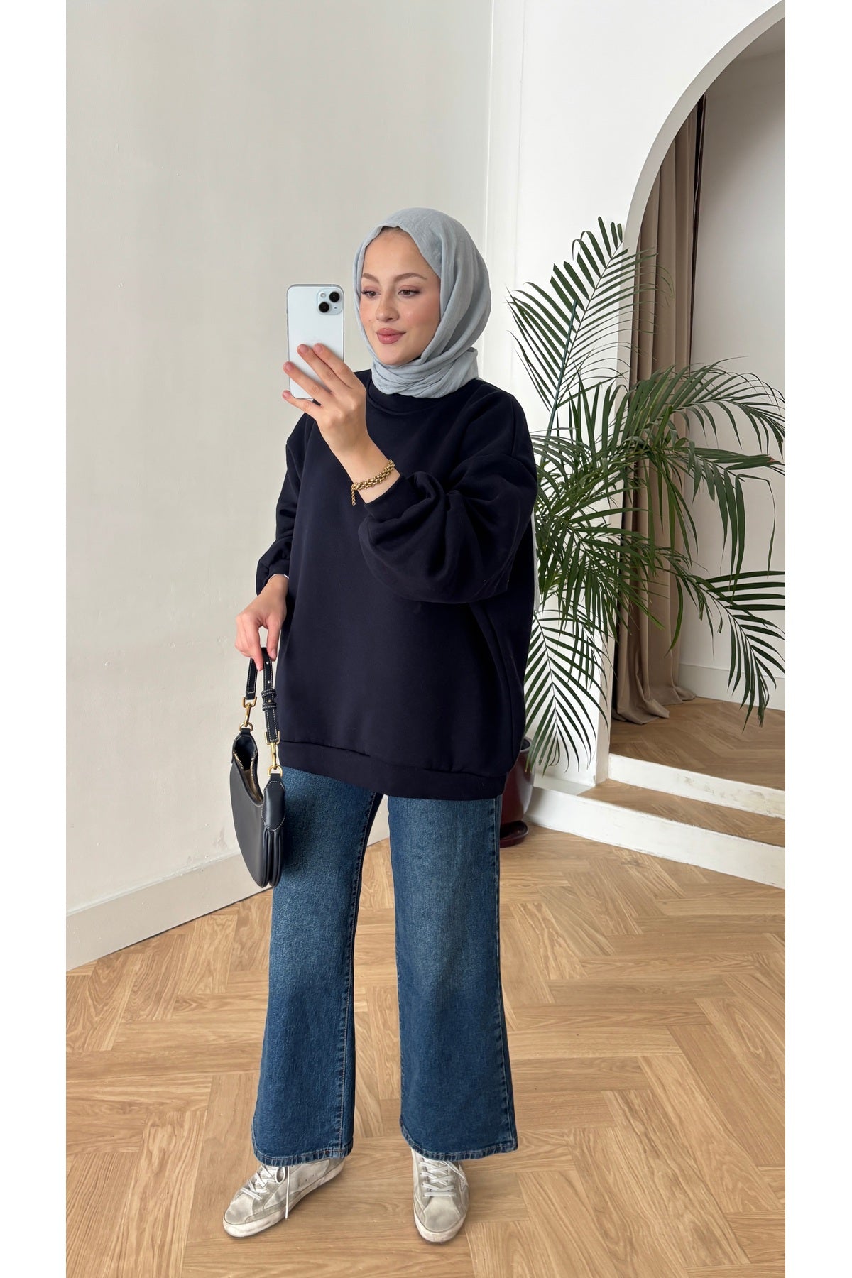Moon’sc Lacivert içi polarlı organik pamuk oversize sweatshirt - Görsel 4