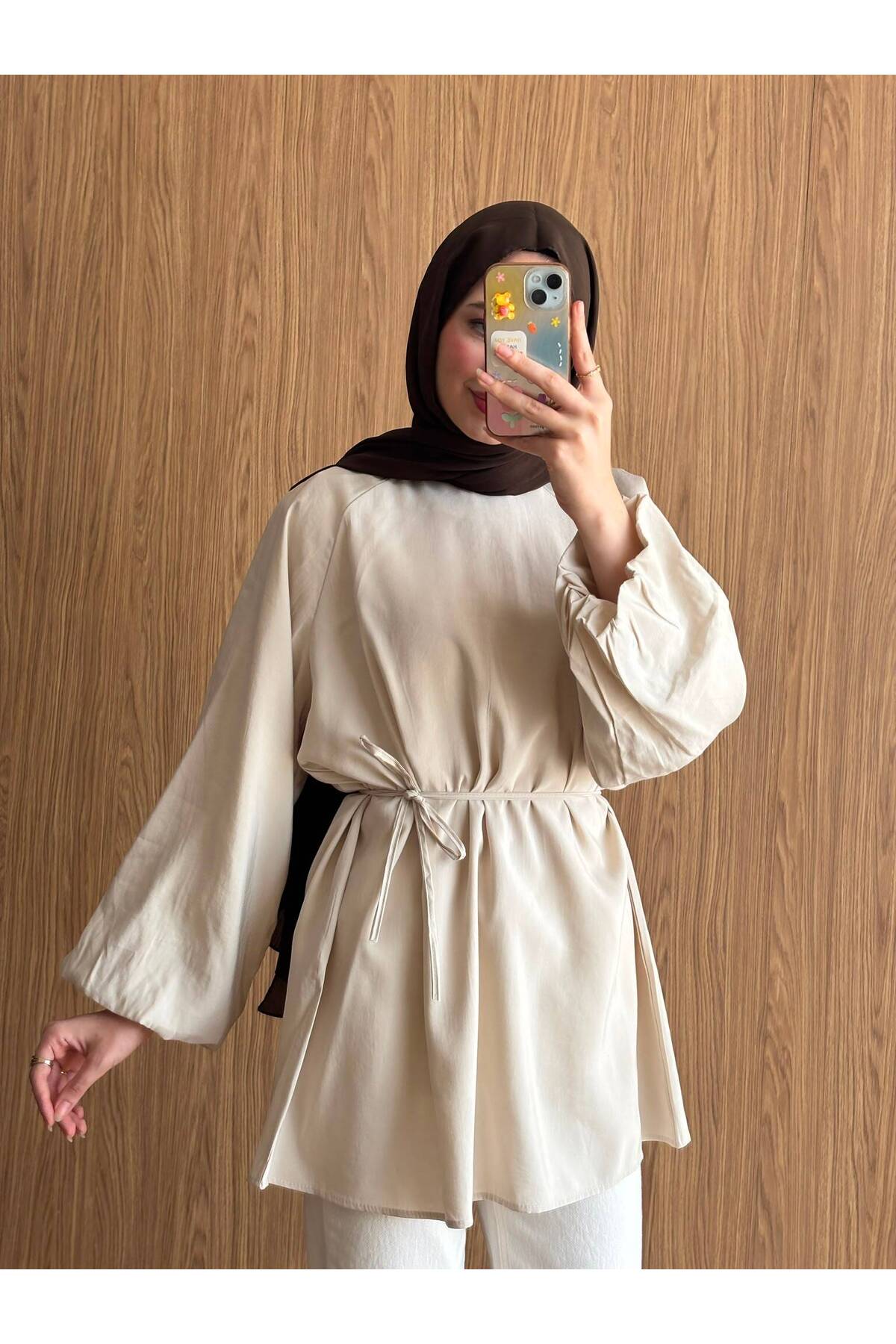 QUWİQ Bej pamuklu oversize balon kol tesettür tunik - Görsel 3