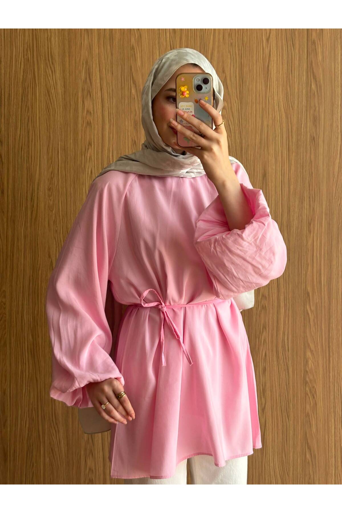 QUWİQ Pembe pamuklu oversize balon kol tesettür tunik - Görsel 1