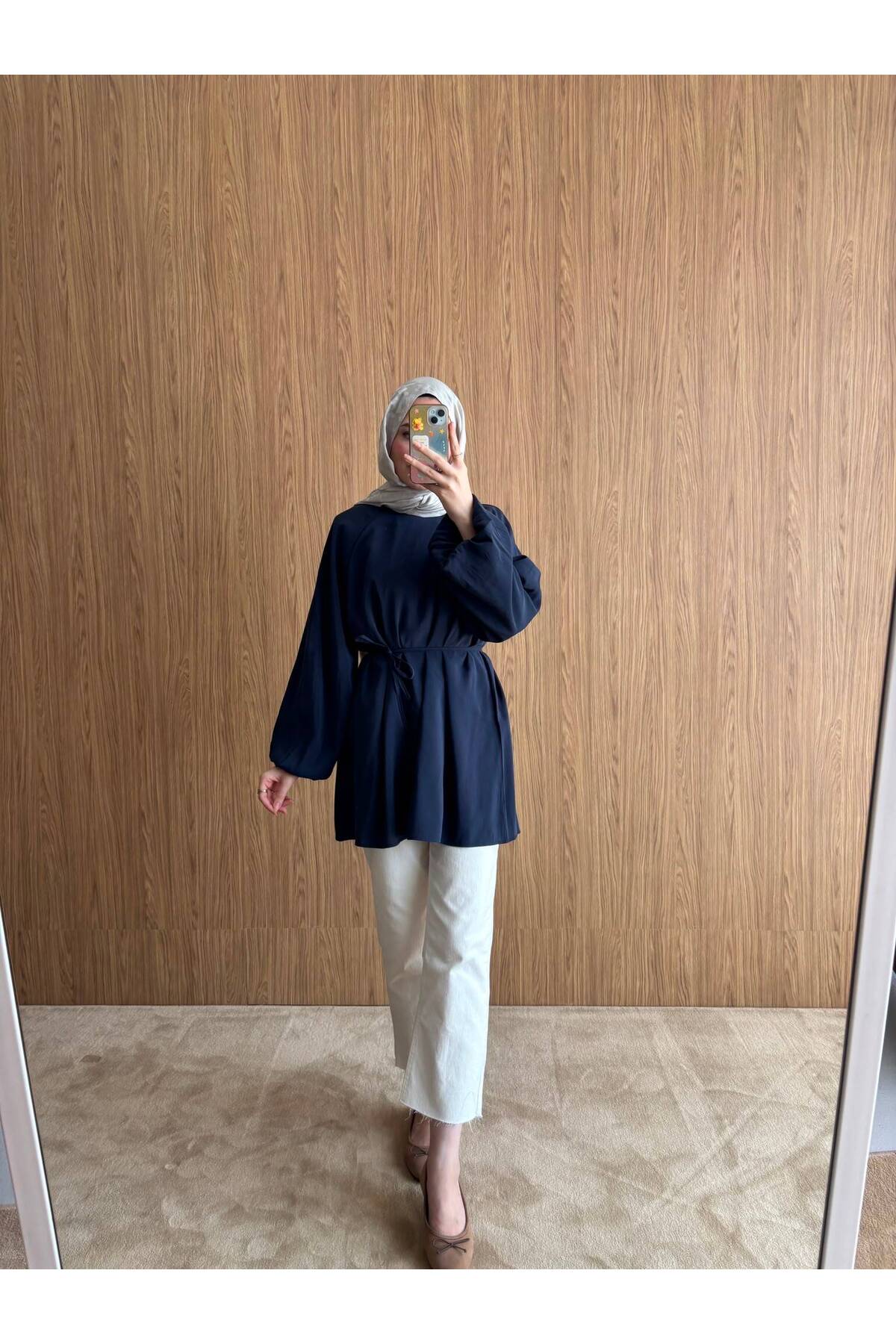 QUWİQ Lacivert pamuklu oversize balon kol tesettür tunik - Görsel 4