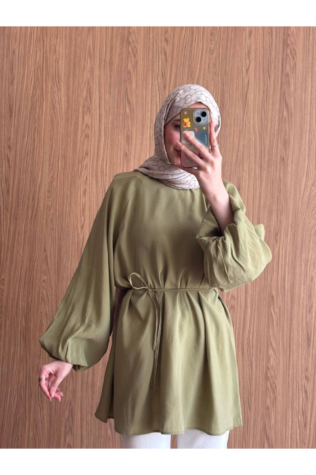 QUWİQ Haki pamuklu oversize balon kol tesettür tunik - Görsel 1