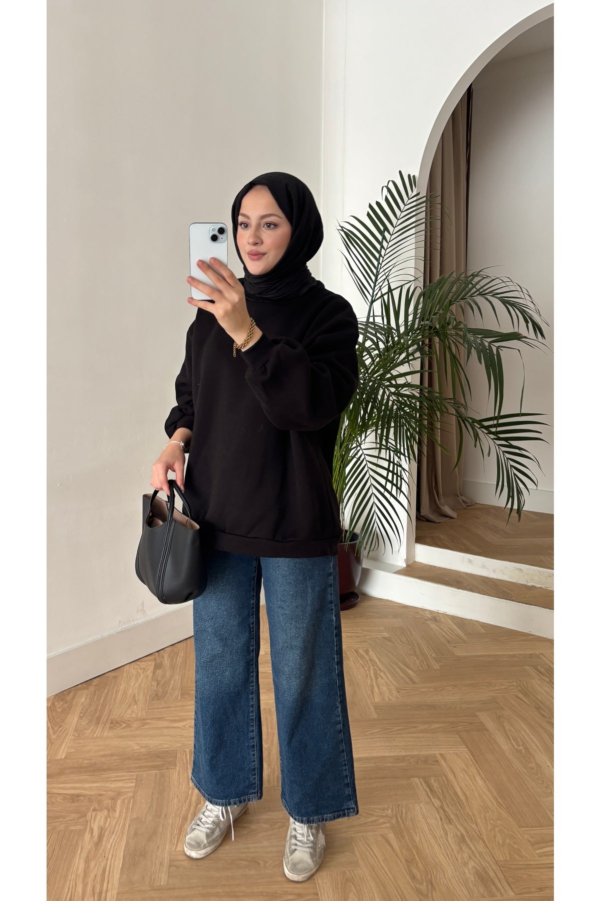 Moon’sc Siyah içi polarlı organik pamuk oversize sweatshirt - Görsel 4