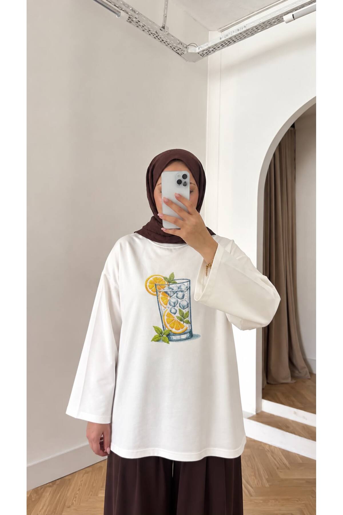 QUWİQ Beyaz Limonlu Su pamuk oversize uzun kollu t-shirt - Görsel 1