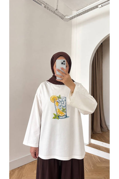 QUWİQ Beyaz Limonlu Su pamuk oversize uzun kollu t-shirt - Görsel 1