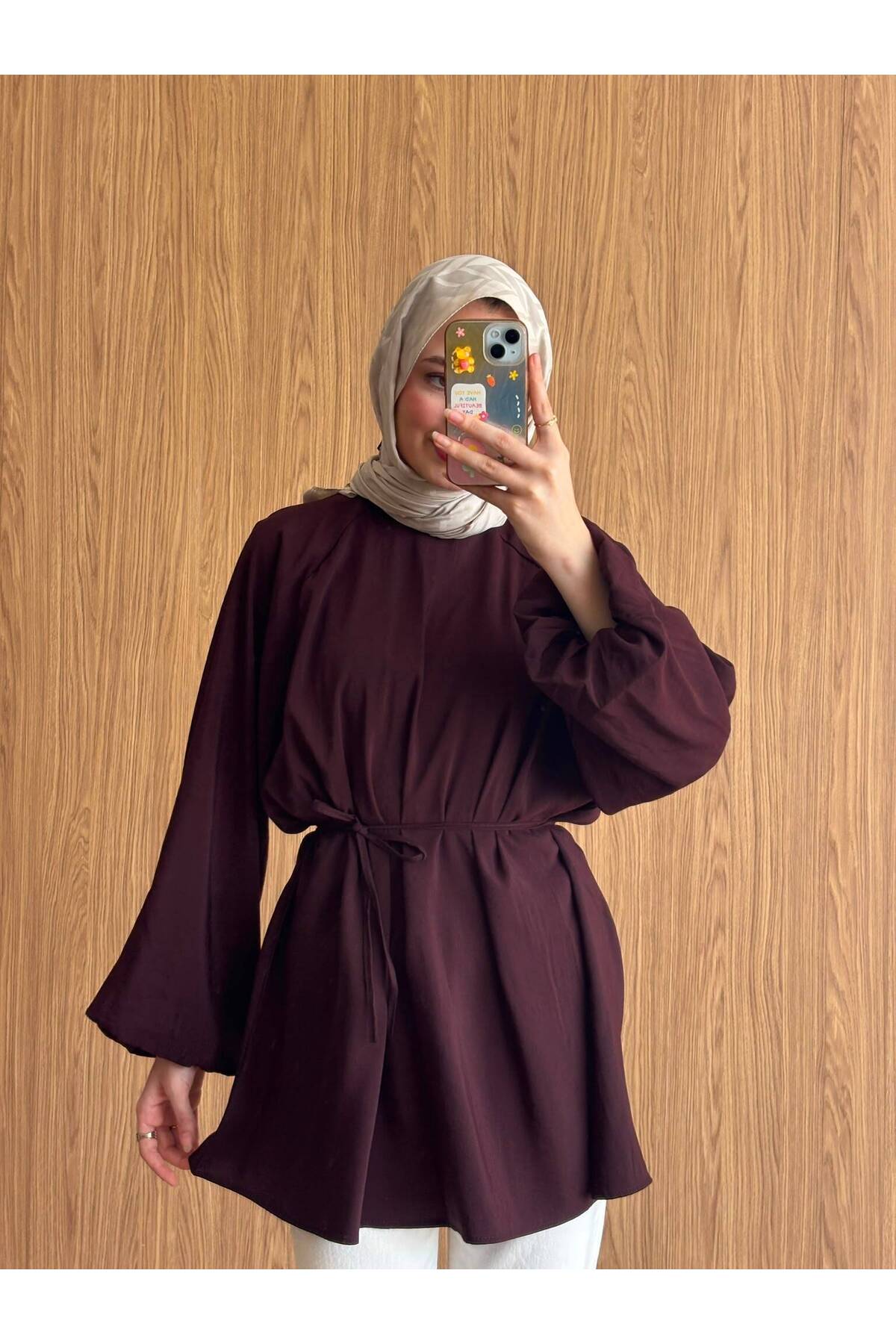 QUWİQ Kahverengi pamuklu oversize balon kol tesettür tunik - Görsel 2