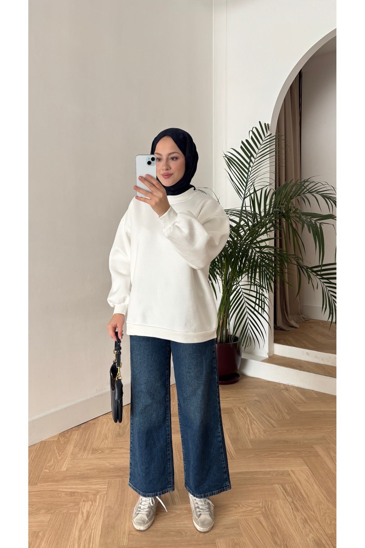 Moon’sc Beyaz içi polarlı organik pamuk oversize sweatshirt - Görsel 2