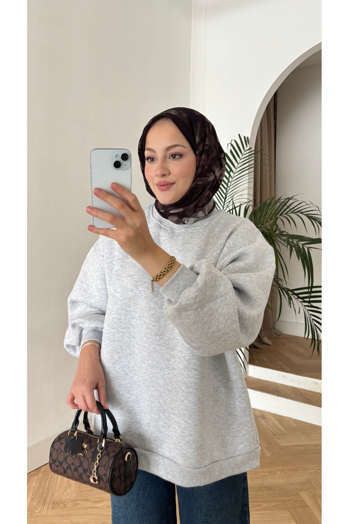 Moon’sc Gri içi polarlı organik pamuk oversize sweatshirt - Görsel 3