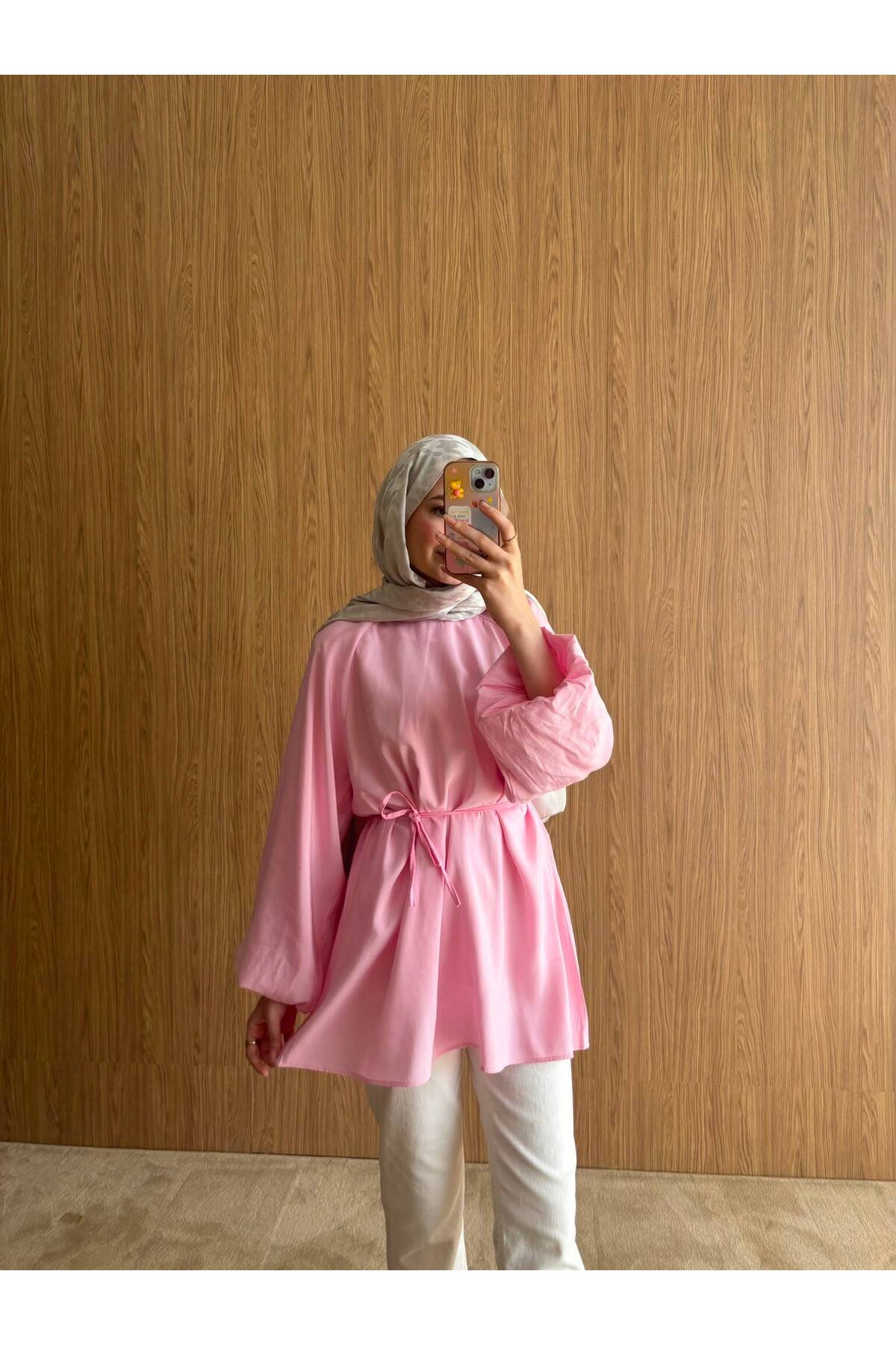 QUWİQ Pembe pamuklu oversize balon kol tesettür tunik - Görsel 2