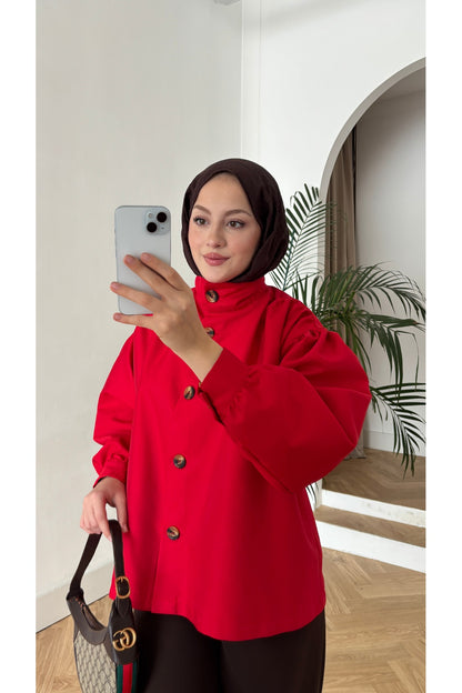 Moon’sc Kırmızı kadın dik yaka kısa tesettür trençkot