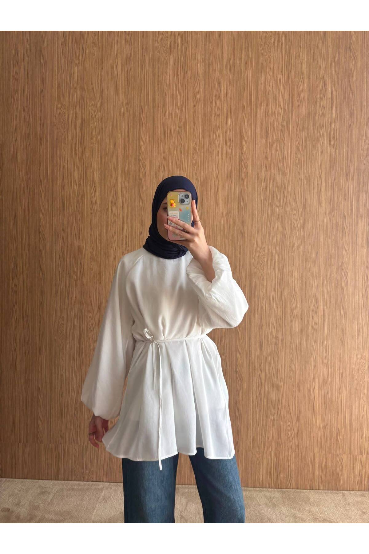 QUWİQ Beyaz pamuklu oversize balon kol tesettür tunik - Görsel 5