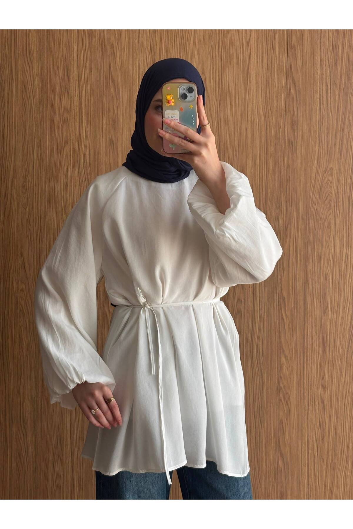 QUWİQ Beyaz pamuklu oversize balon kol tesettür tunik - Görsel 4