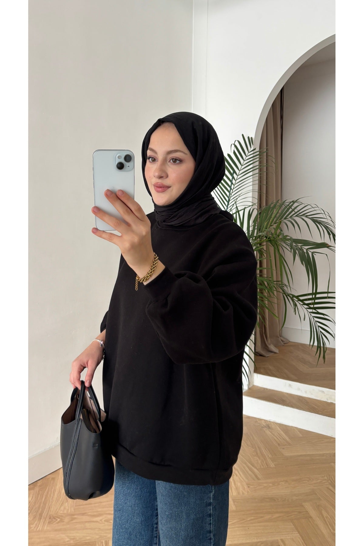 Moon’sc Siyah içi polarlı organik pamuk oversize sweatshirt - Görsel 3