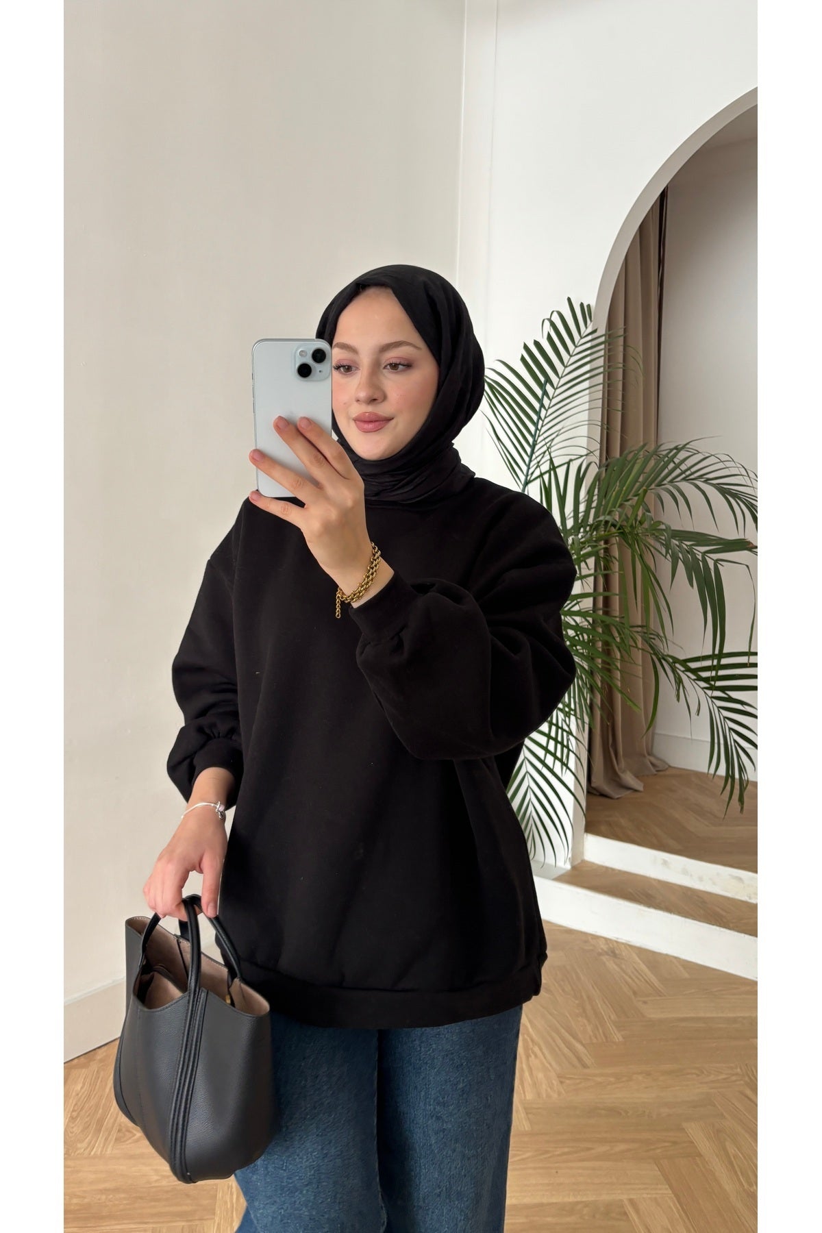 Moon’sc Siyah içi polarlı organik pamuk oversize sweatshirt - Görsel 6