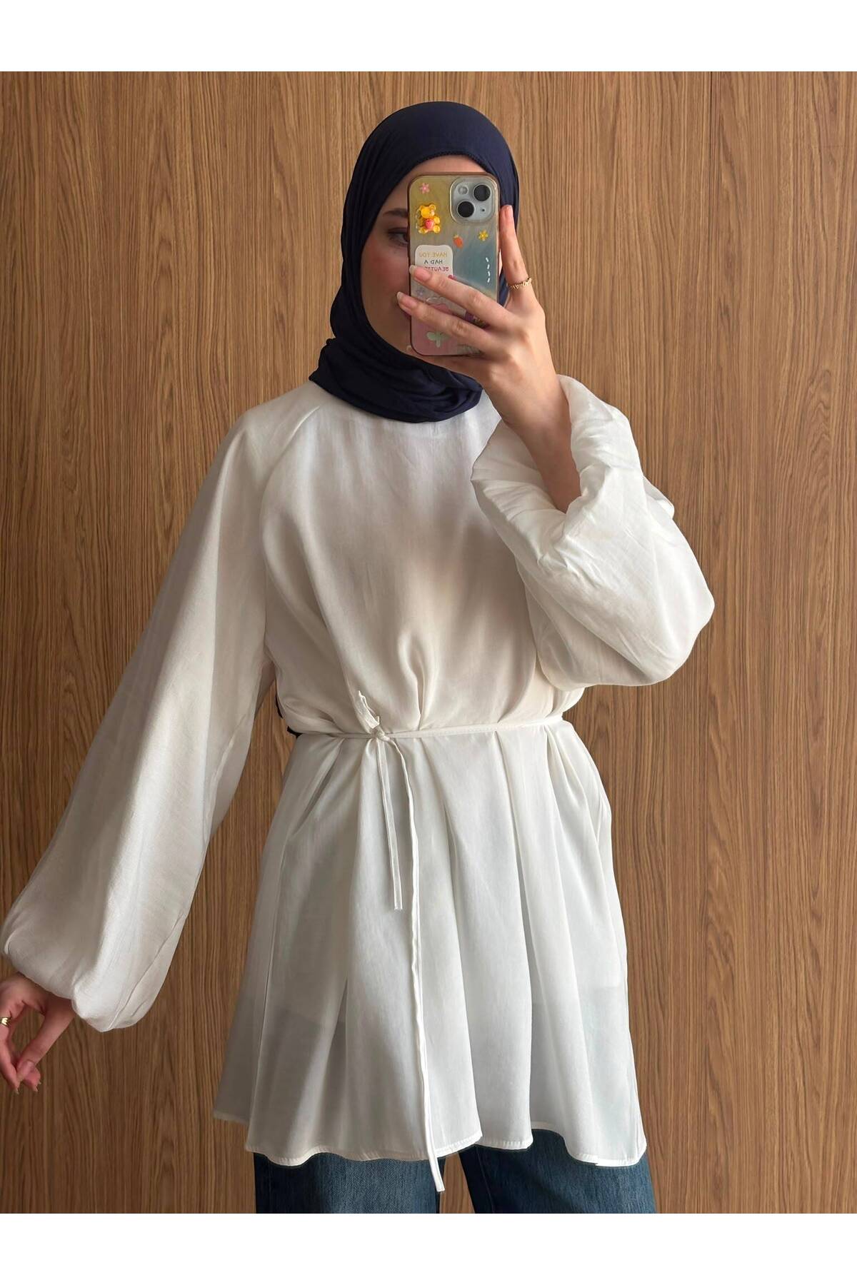 QUWİQ Beyaz pamuklu oversize balon kol tesettür tunik - Görsel 1