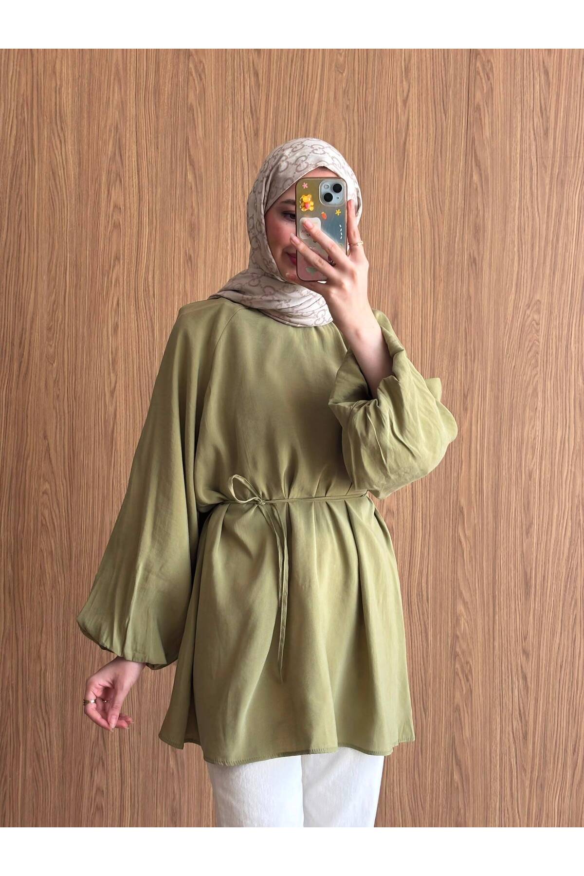 QUWİQ Haki pamuklu oversize balon kol tesettür tunik - Görsel 2