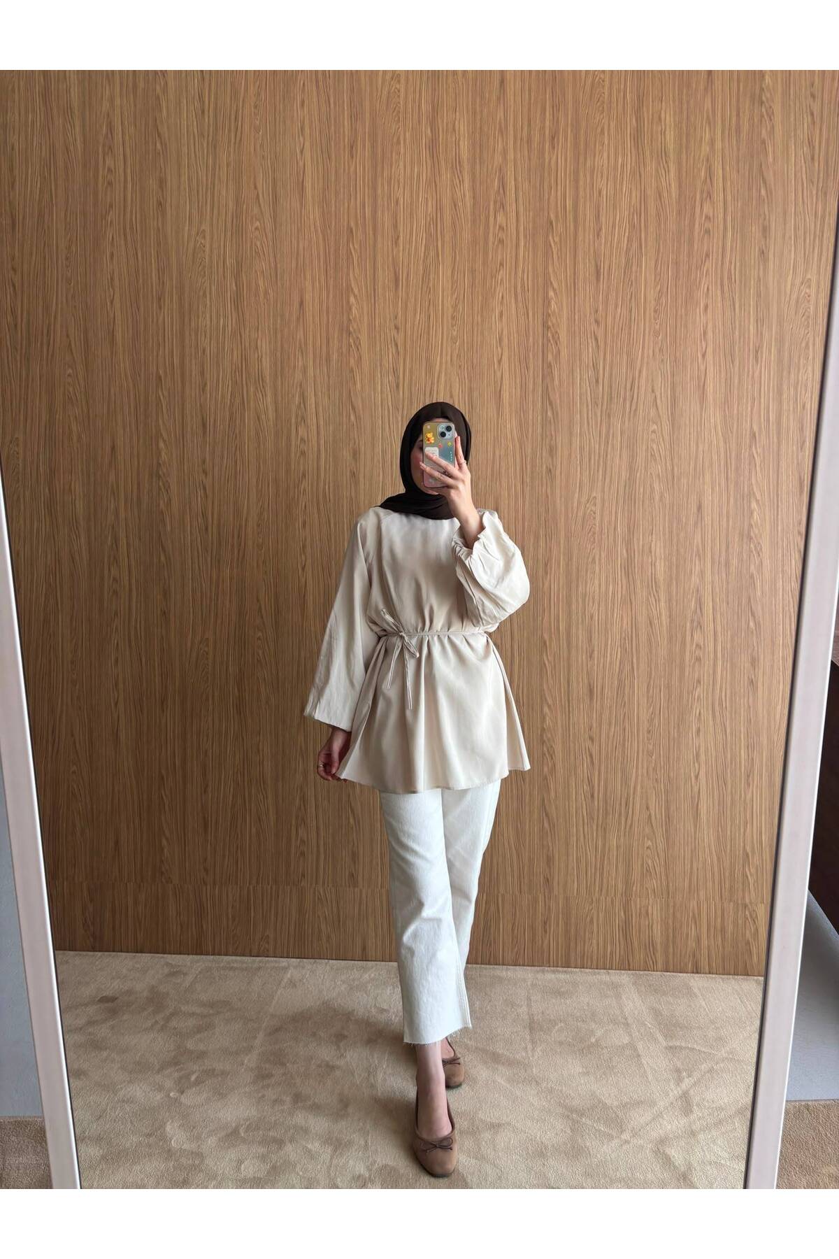 QUWİQ Bej pamuklu oversize balon kol tesettür tunik - Görsel 2
