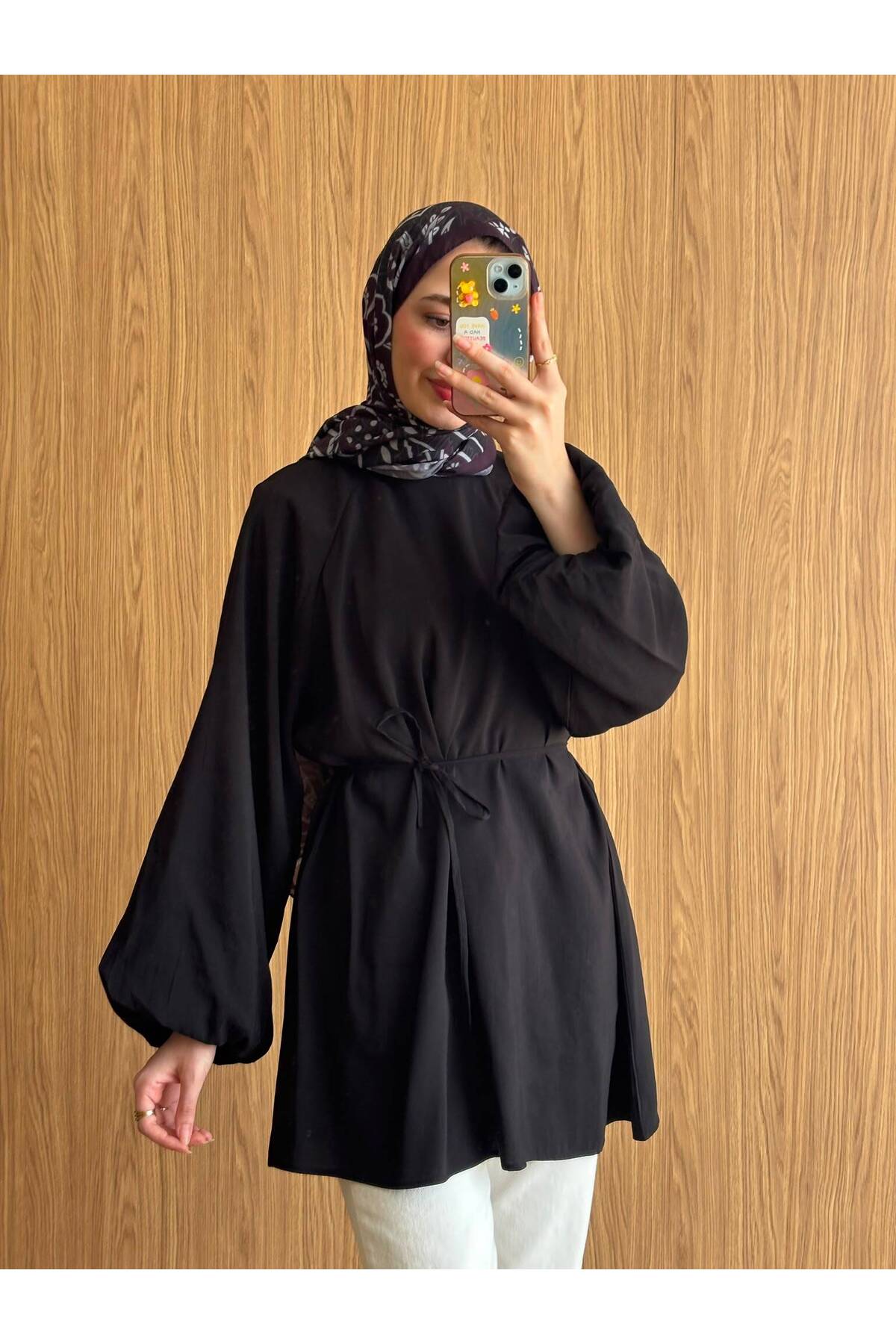QUWİQ Siyah pamuklu oversize balon kol tesettür tunik - Görsel 1