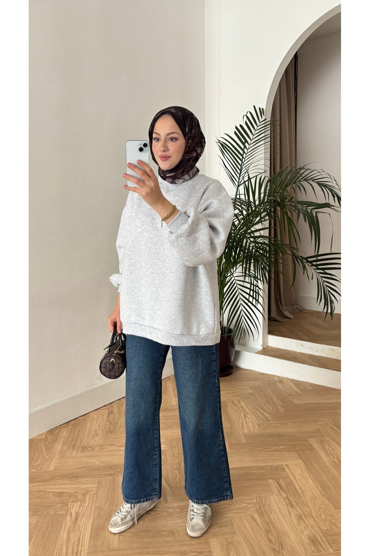 Moon’sc Gri içi polarlı organik pamuk oversize sweatshirt - Görsel 4