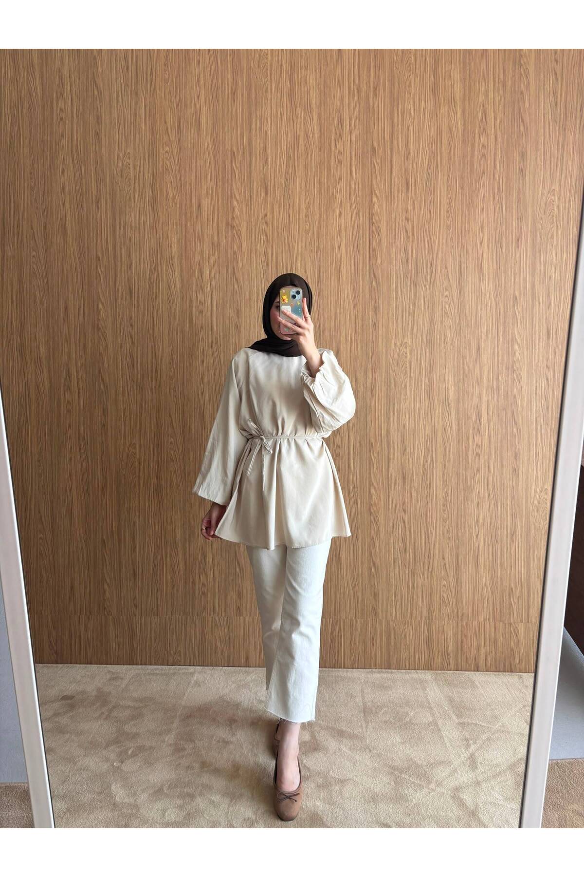 QUWİQ Bej pamuklu oversize balon kol tesettür tunik - Görsel 4