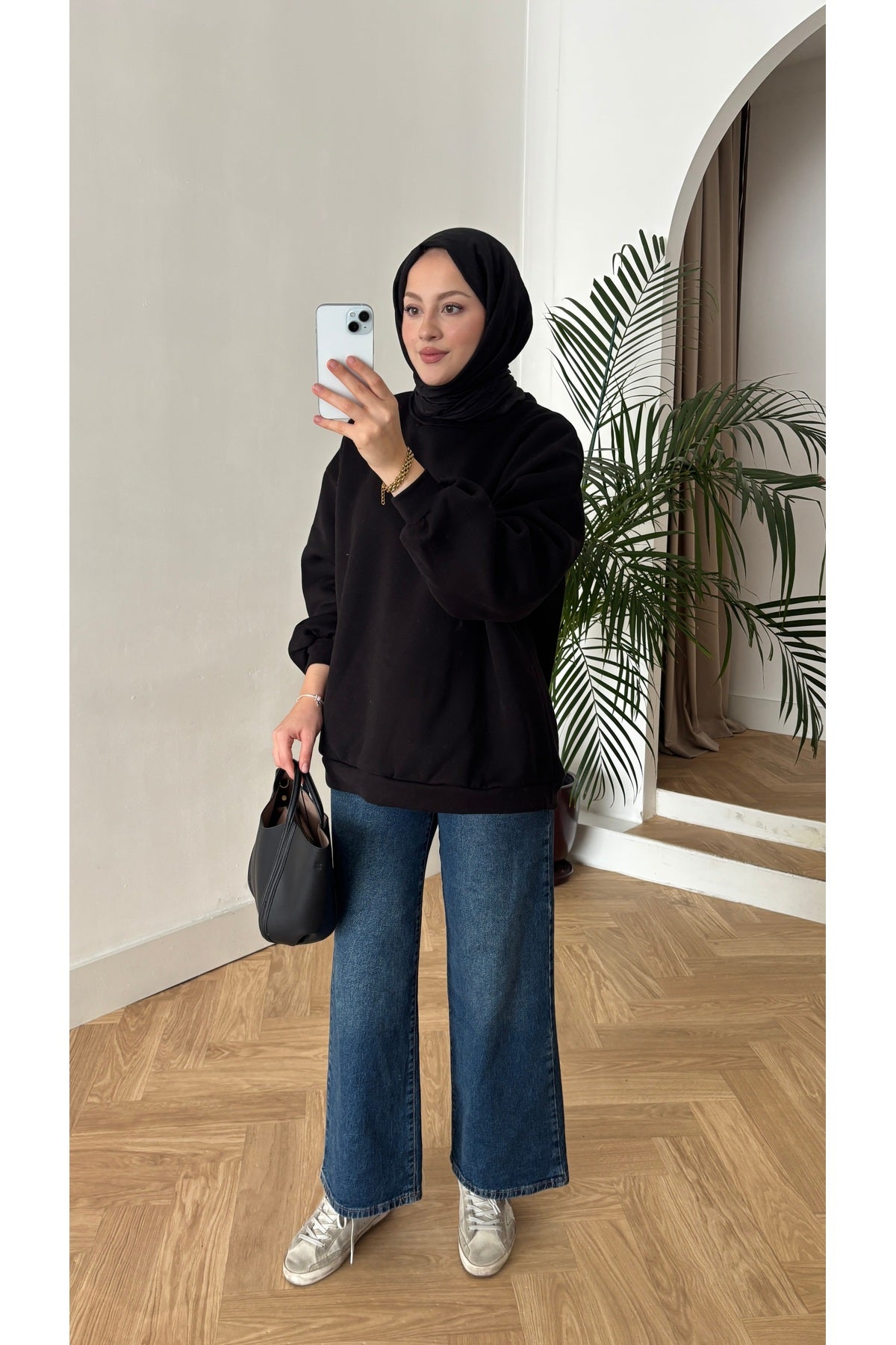 Moon’sc Siyah içi polarlı organik pamuk oversize sweatshirt - Görsel 7