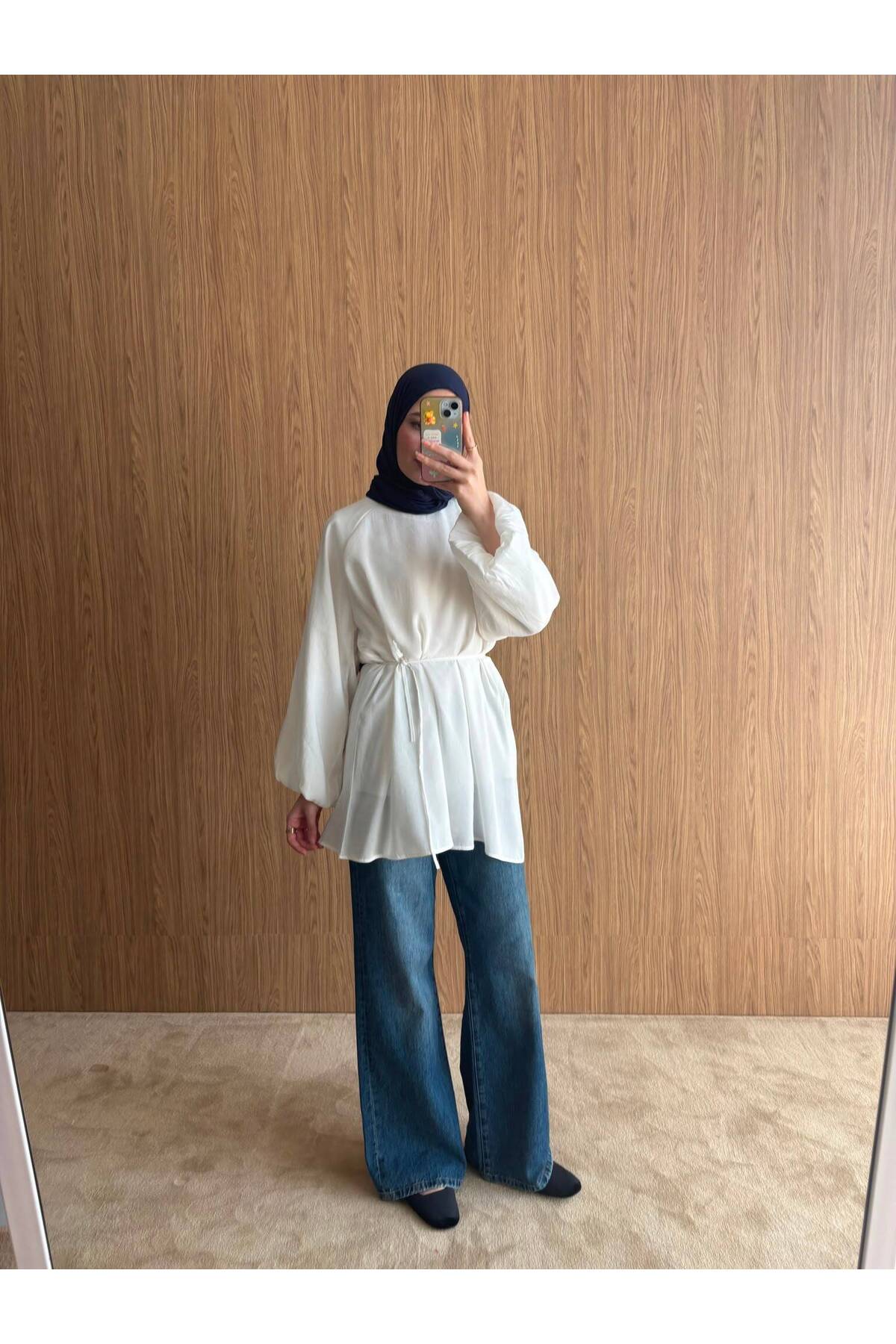 QUWİQ Beyaz pamuklu oversize balon kol tesettür tunik - Görsel 3