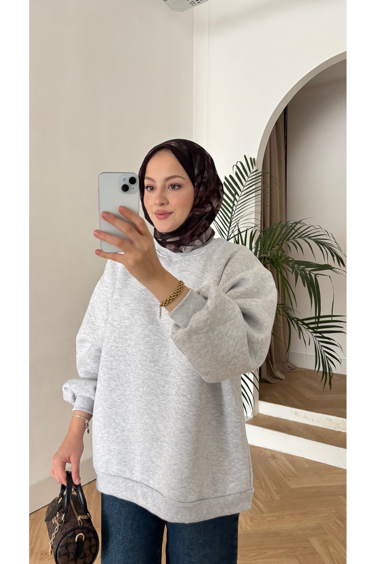 Moon’sc Gri içi polarlı organik pamuk oversize sweatshirt - Görsel 5
