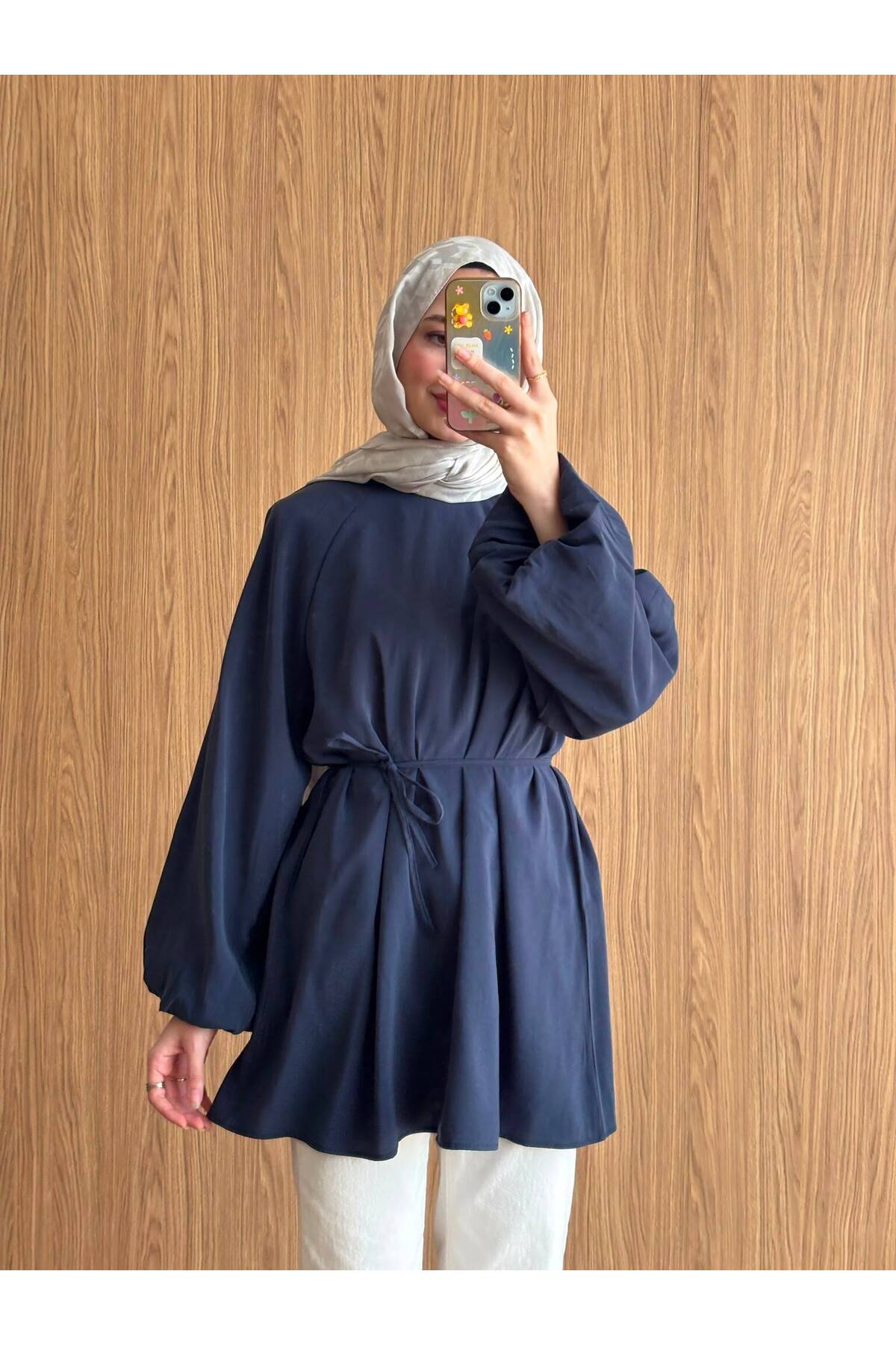 QUWİQ Lacivert pamuklu oversize balon kol tesettür tunik - Görsel 5