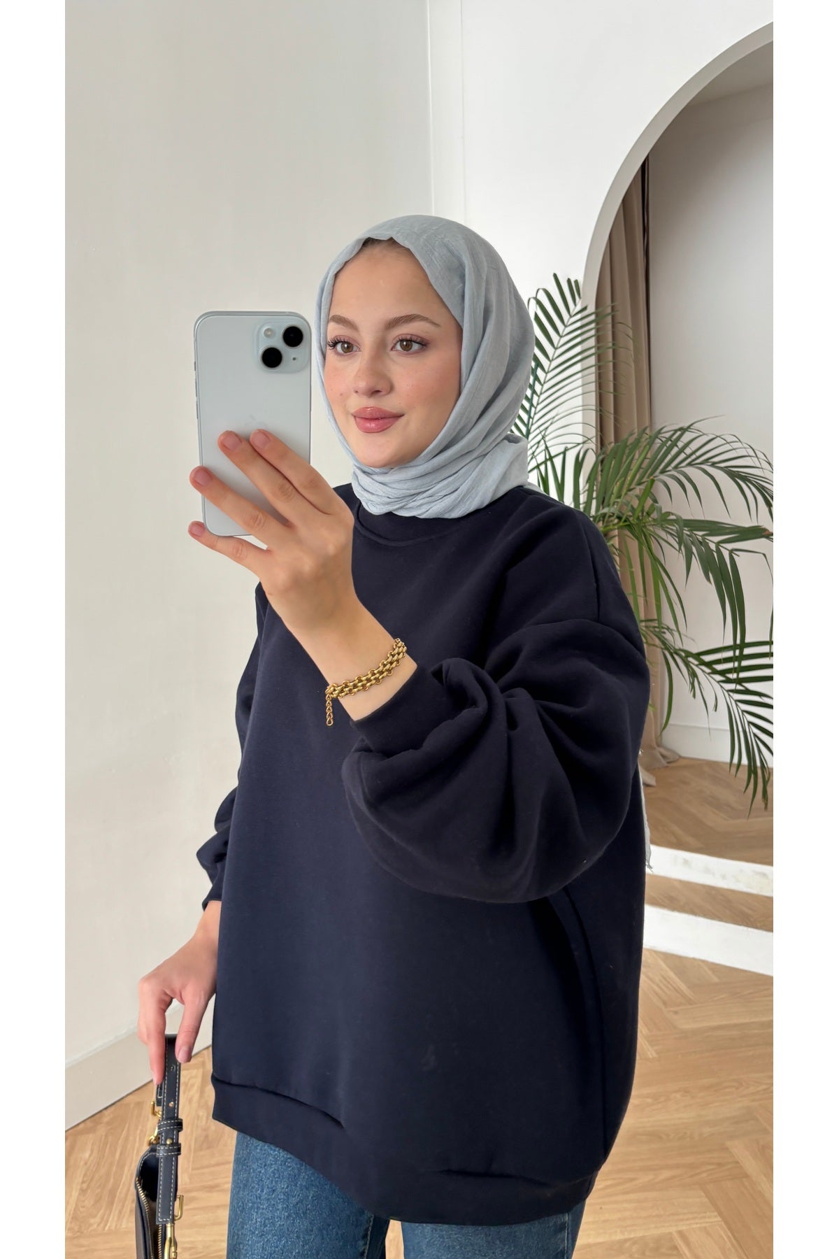 Moon’sc Lacivert içi polarlı organik pamuk oversize sweatshirt - Görsel 5