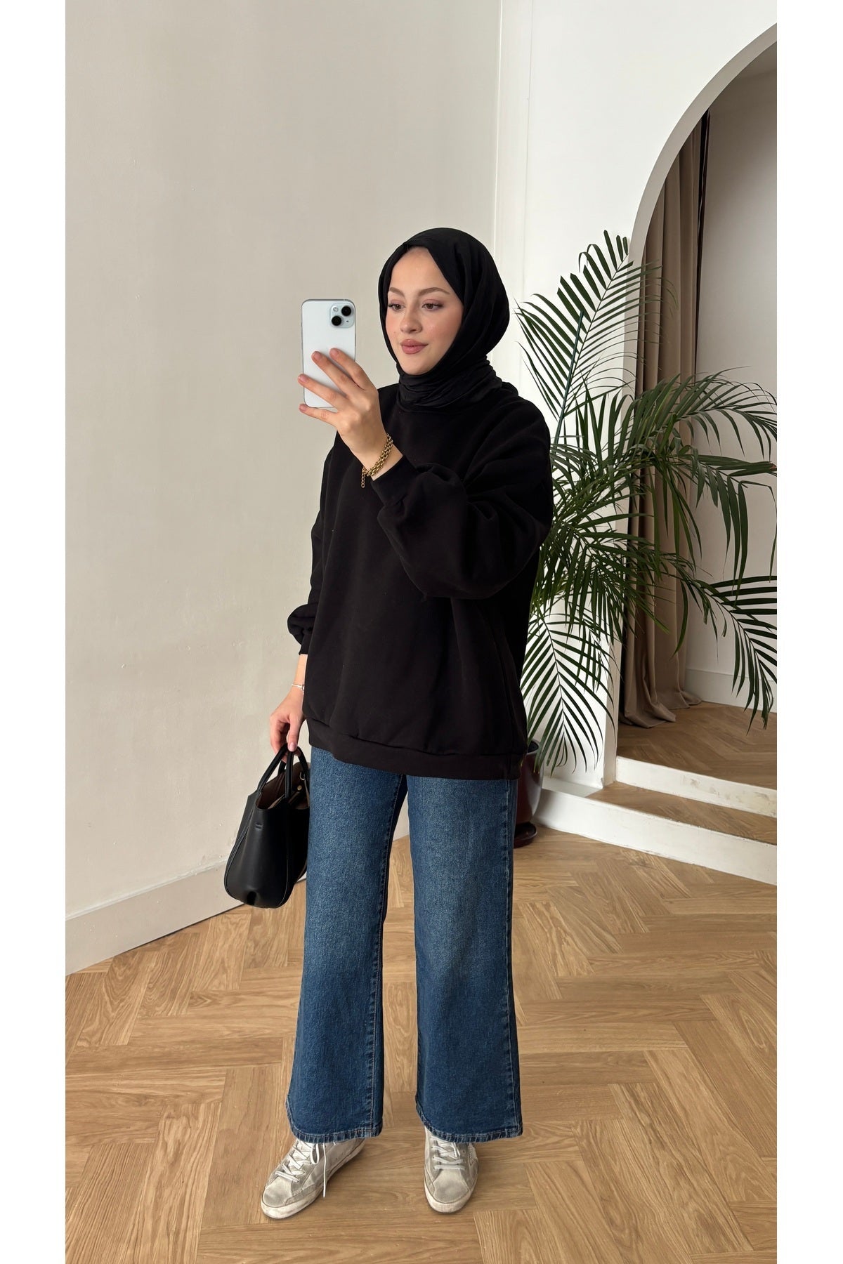 Moon’sc Siyah içi polarlı organik pamuk oversize sweatshirt - Görsel 5