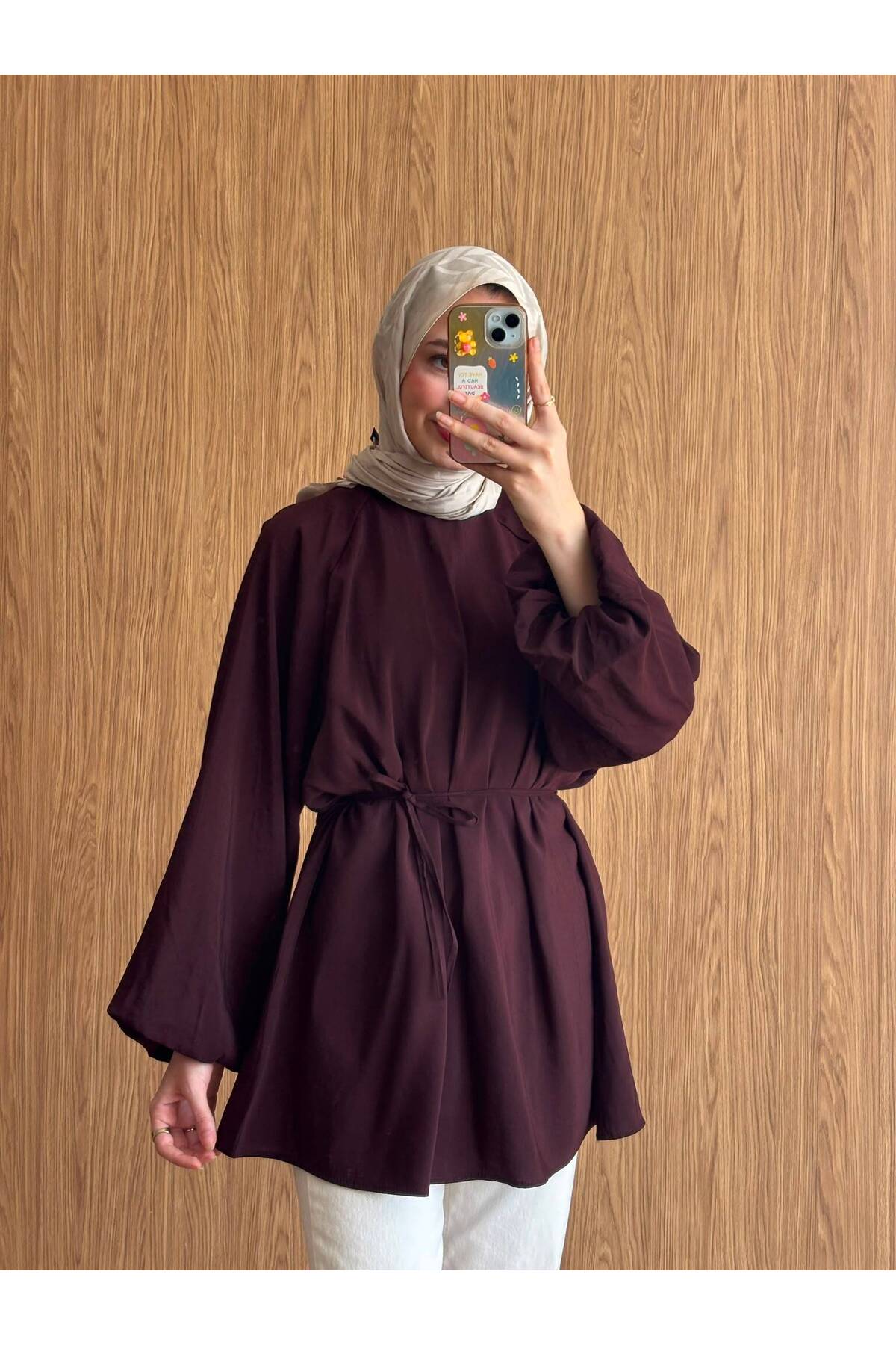 QUWİQ Kahverengi pamuklu oversize balon kol tesettür tunik - Görsel 5