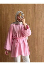 QUWİQ Pembe pamuklu oversize balon kol tesettür tunik - Görsel 4