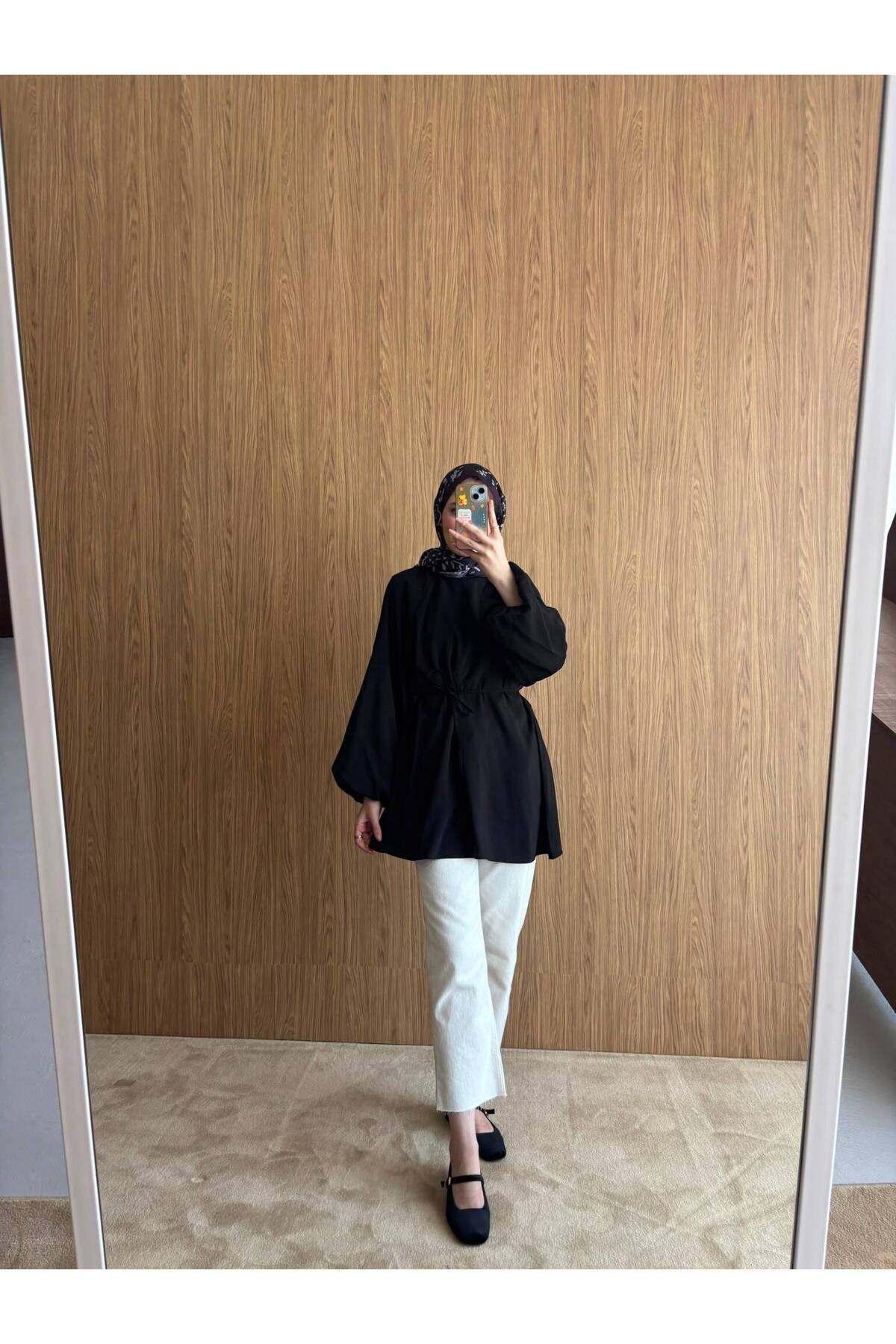 QUWİQ Siyah pamuklu oversize balon kol tesettür tunik - Görsel 3