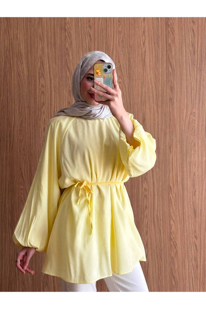 QUWİQ Sarı pamuklu oversize balon kol tesettür tunik - Görsel 1